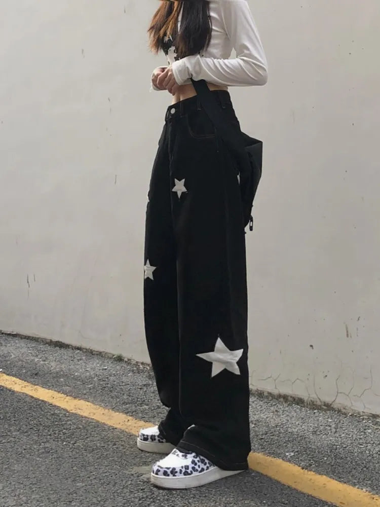 Retro Print Black Cargo Women Gothic Punk Oversize Pant