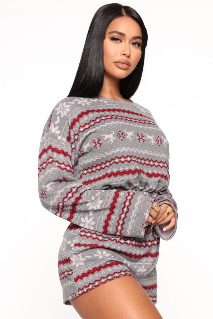 DressBetty - Christmas Pajama Sets Long Sleeve Crop Top Shorts 2Pcs Snowflake Print Knitted