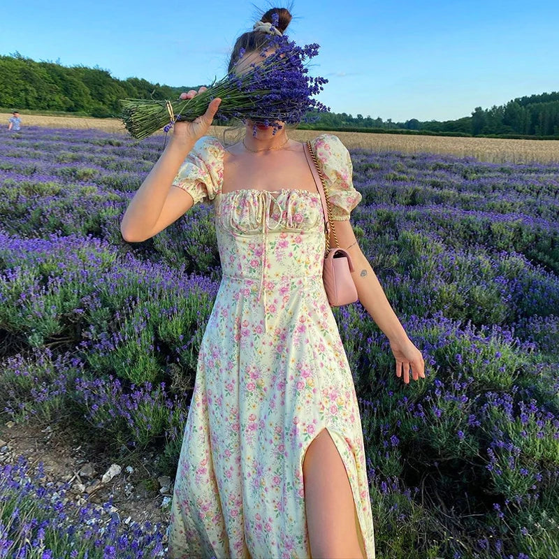 Puff Sleeve Split Floral Dress