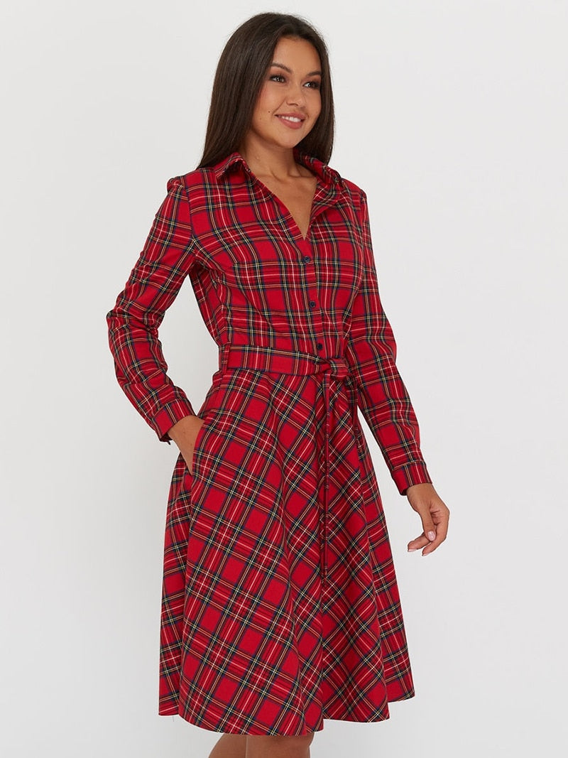 DressBetty - Vintage Scottish Plaid Shirt Dress Long Sleeve Turn-down Collar Belt Button A-line Casual Dresses