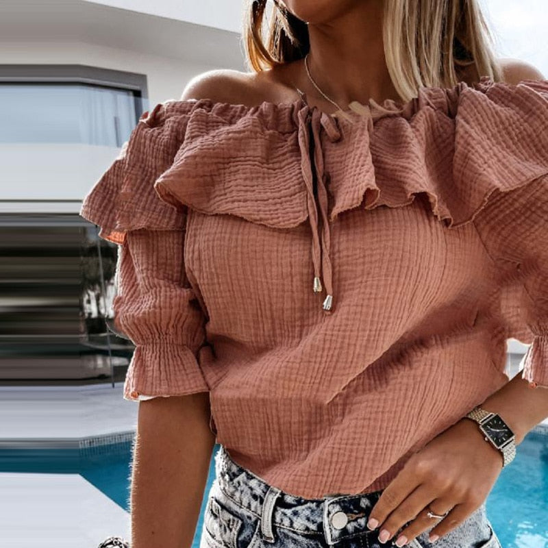 DressBetty - Sexy Off Shoulder Ruffles Women Blouse Shirts Color Lace-Up Tops Pullovers Casual Loose Blusa