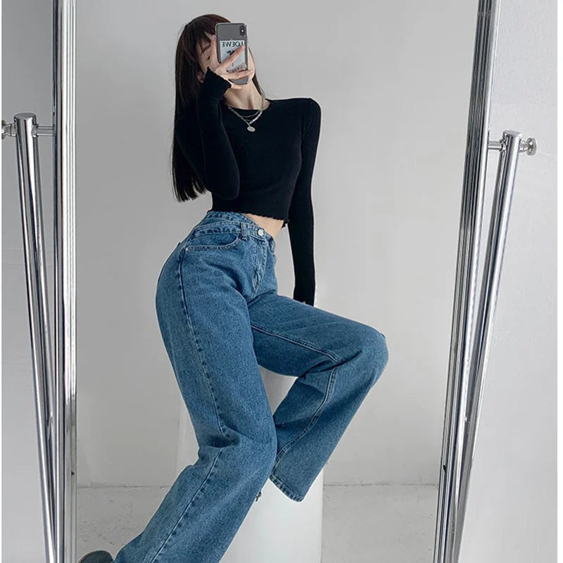 DressBetty - 2024 Harajuku Korean Ulzzang High Waist Blue Jeans Daily Casual