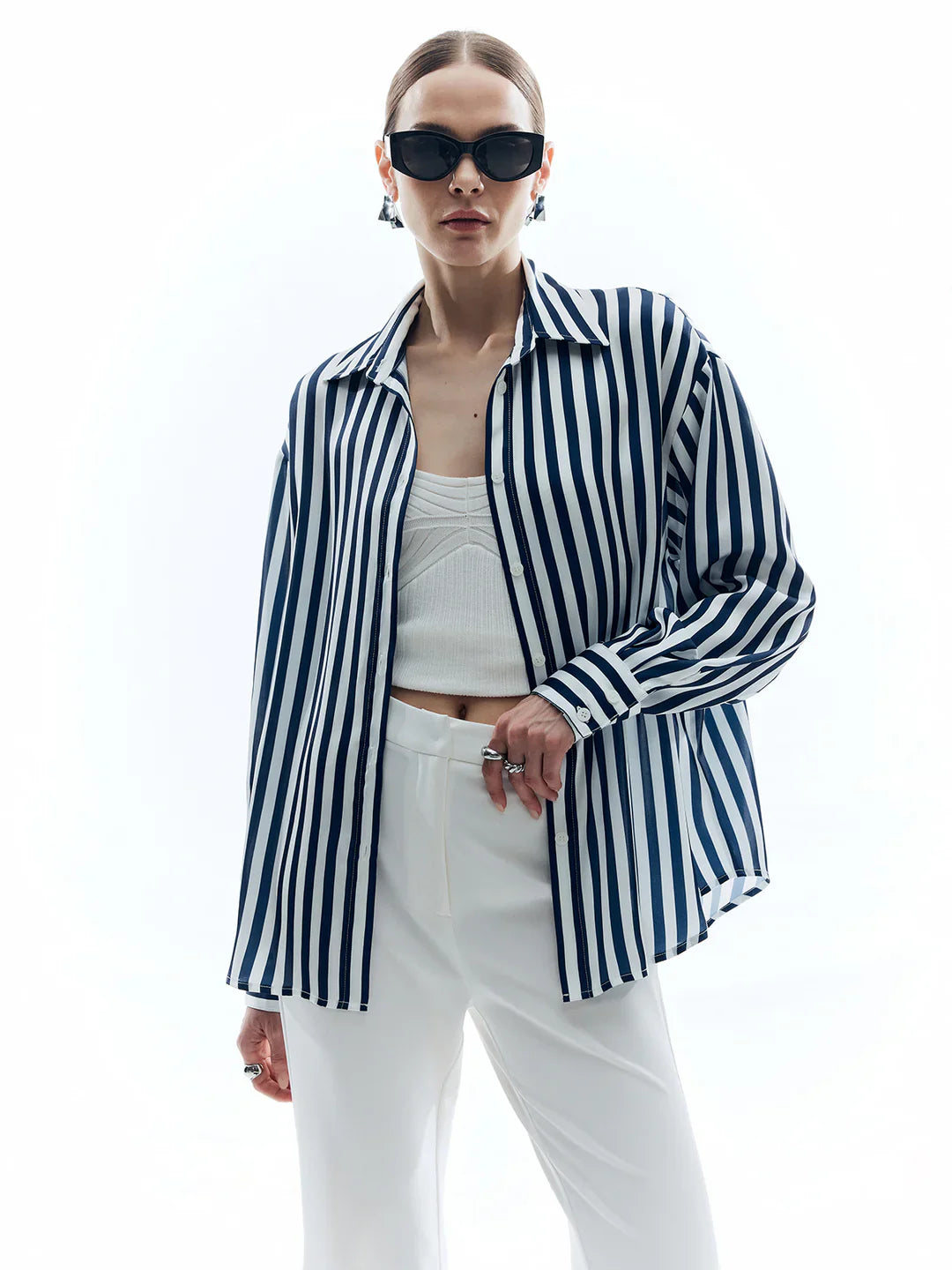 Elegant Style Shift Stripe Turndown Collar Shirt