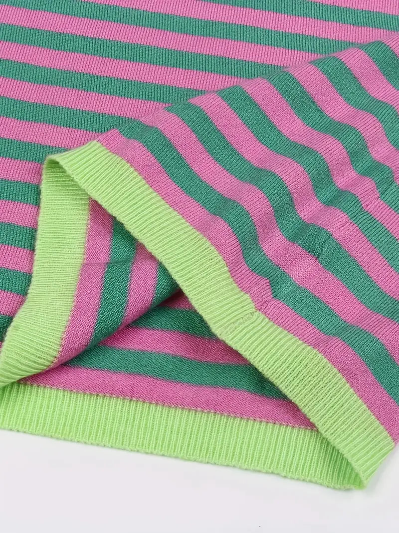 Contrast Color Round Neck Striped Knitted Top