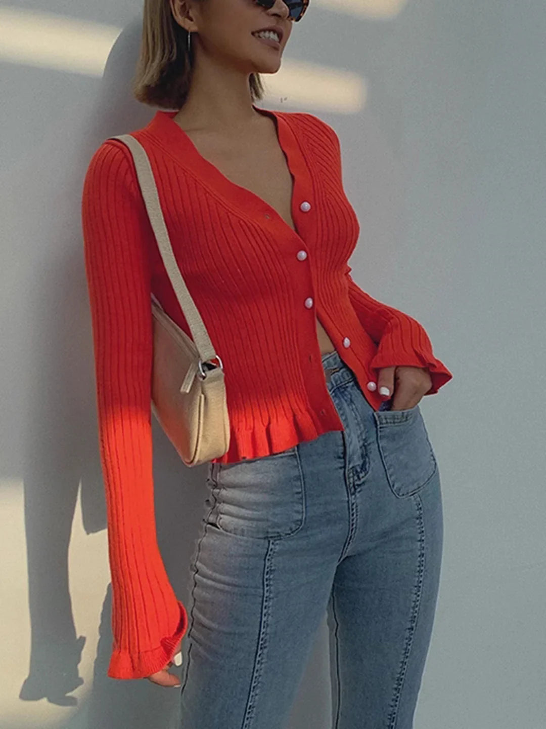 Retro Ruffled Trim Pearl Button Long Sleeve Cardigan