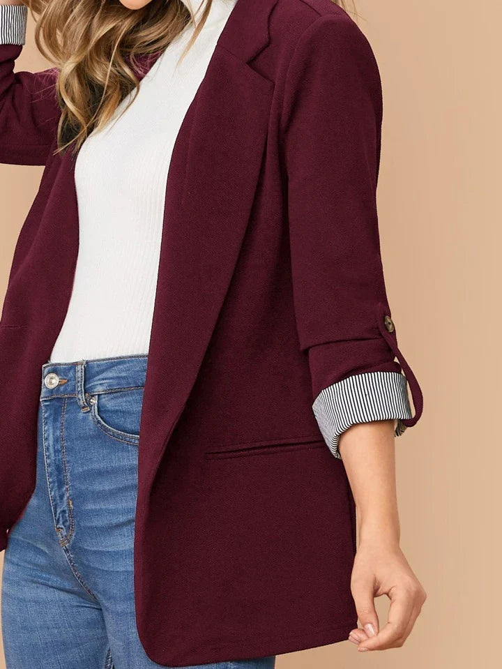 Lapel Notch Collar Roll Tab Sleeve Blazer