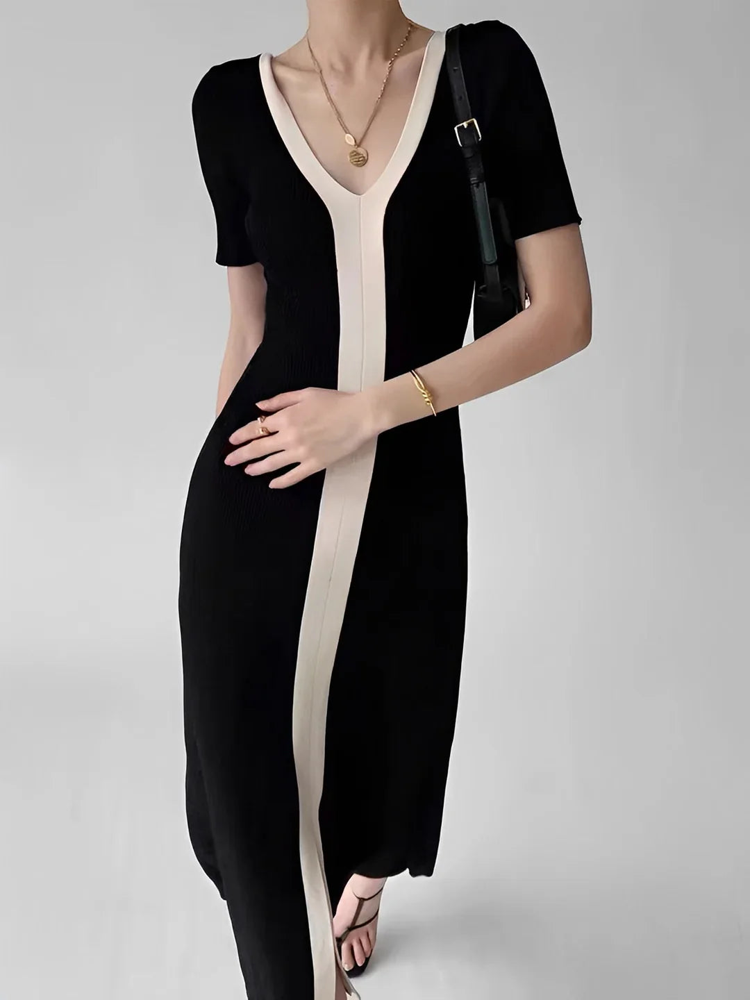 Always Elegant Contrast-Trim Midi Dress