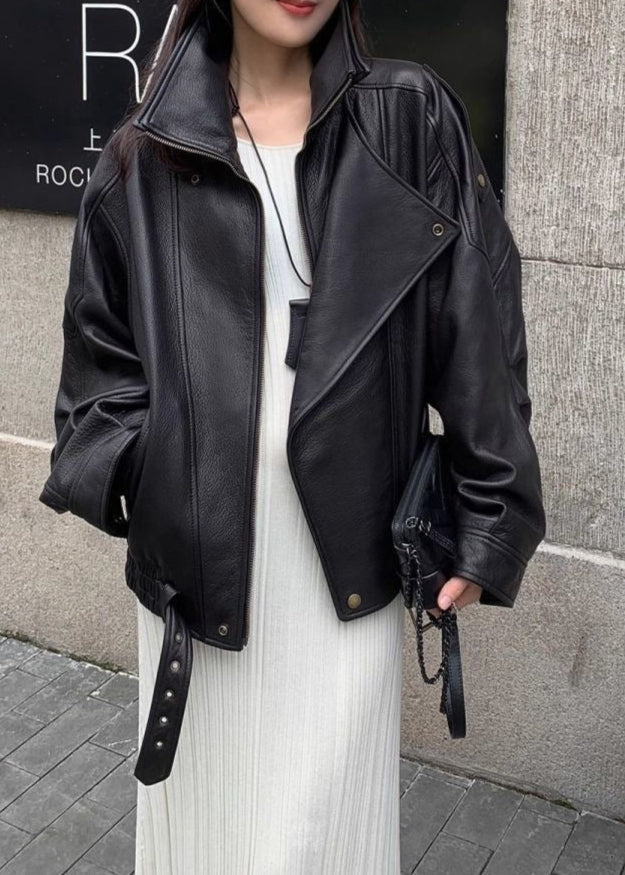 Aurora – Oversized Black Leather Jacket with Belt Detail
