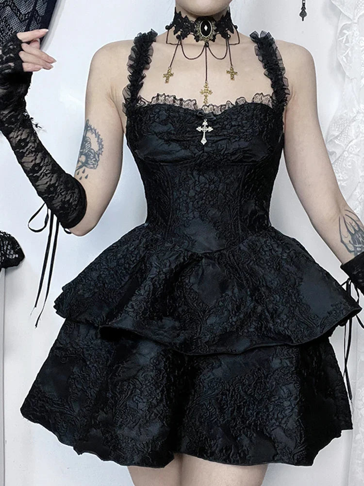 Jacquard Double Cake Suspender Vintage Lace Trim Backless A-Line Mini Sexy Club Cami Dress