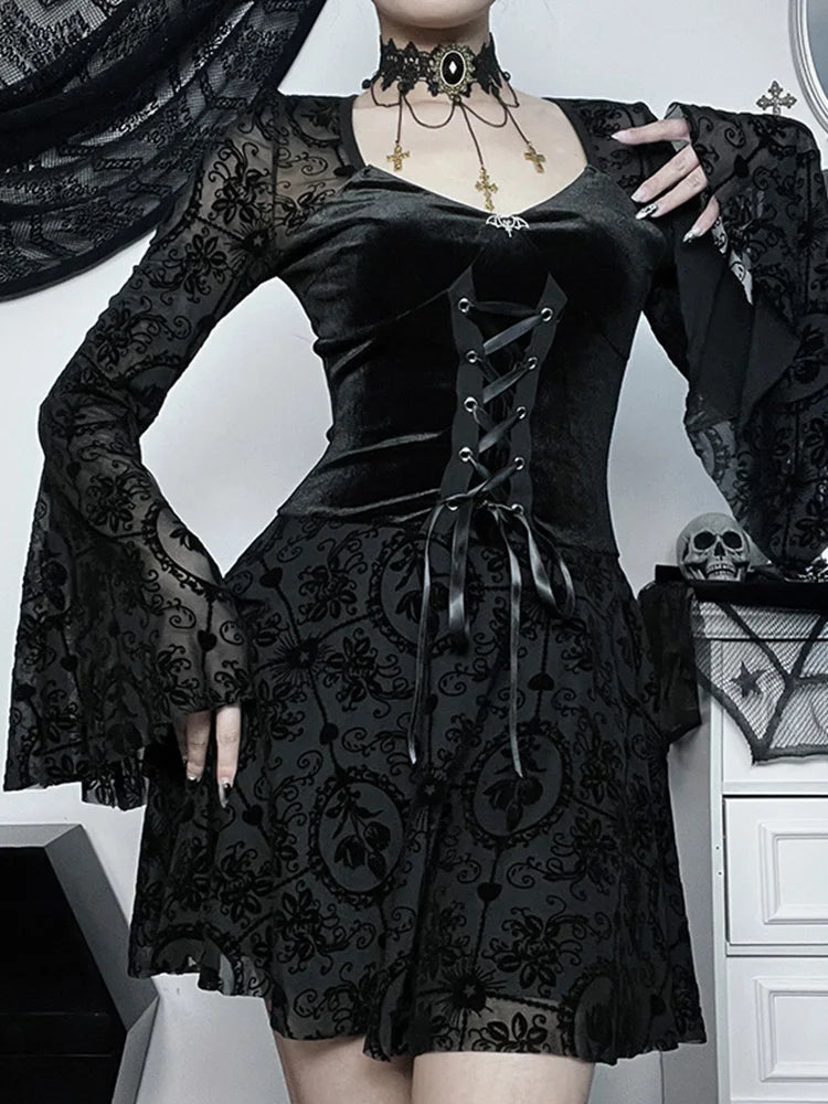 Long Sleeve Ruffle Mini Vintage V Neck Velvet Stretchy Bodycon Cocktail Victorian Dress