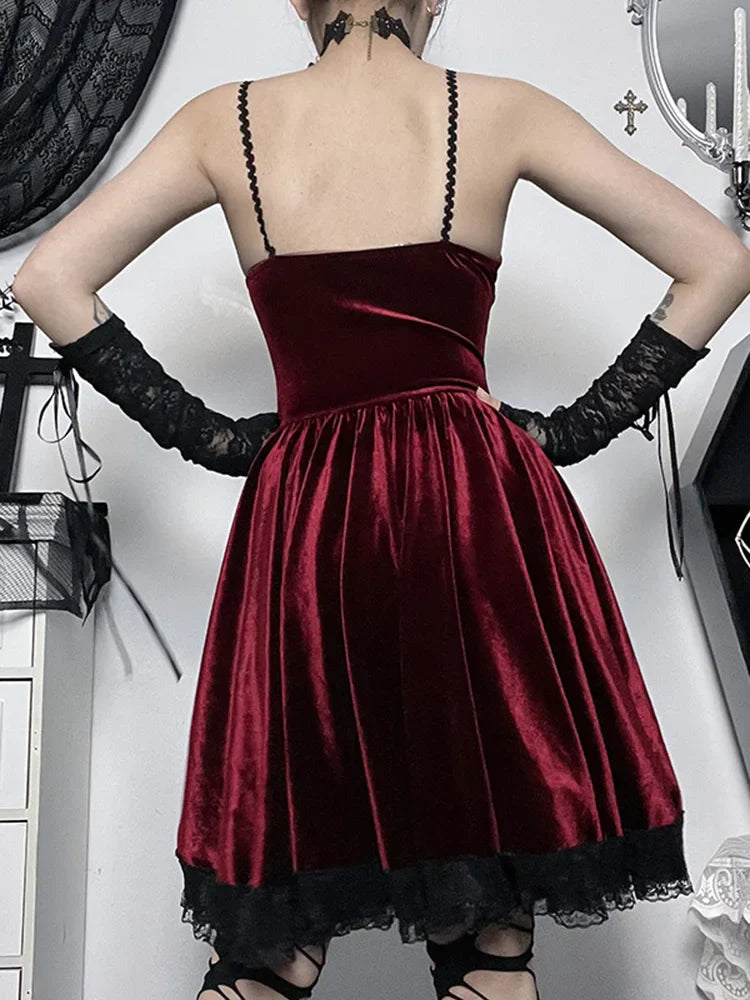 Gothic Velvet Vintage Spaghetti Strap Lace Up Romantic Casual Fashion Dress