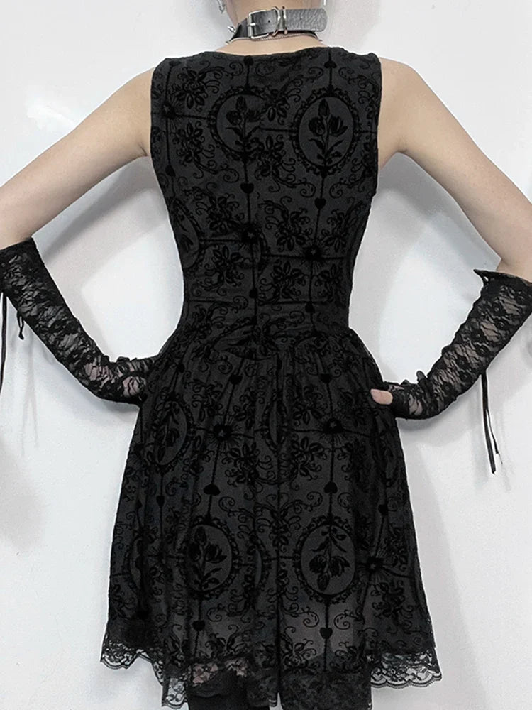Gothic Vintage Lace Patchwork Sleeveless Draped Spaghetti Strap Bodycon Cami Dress