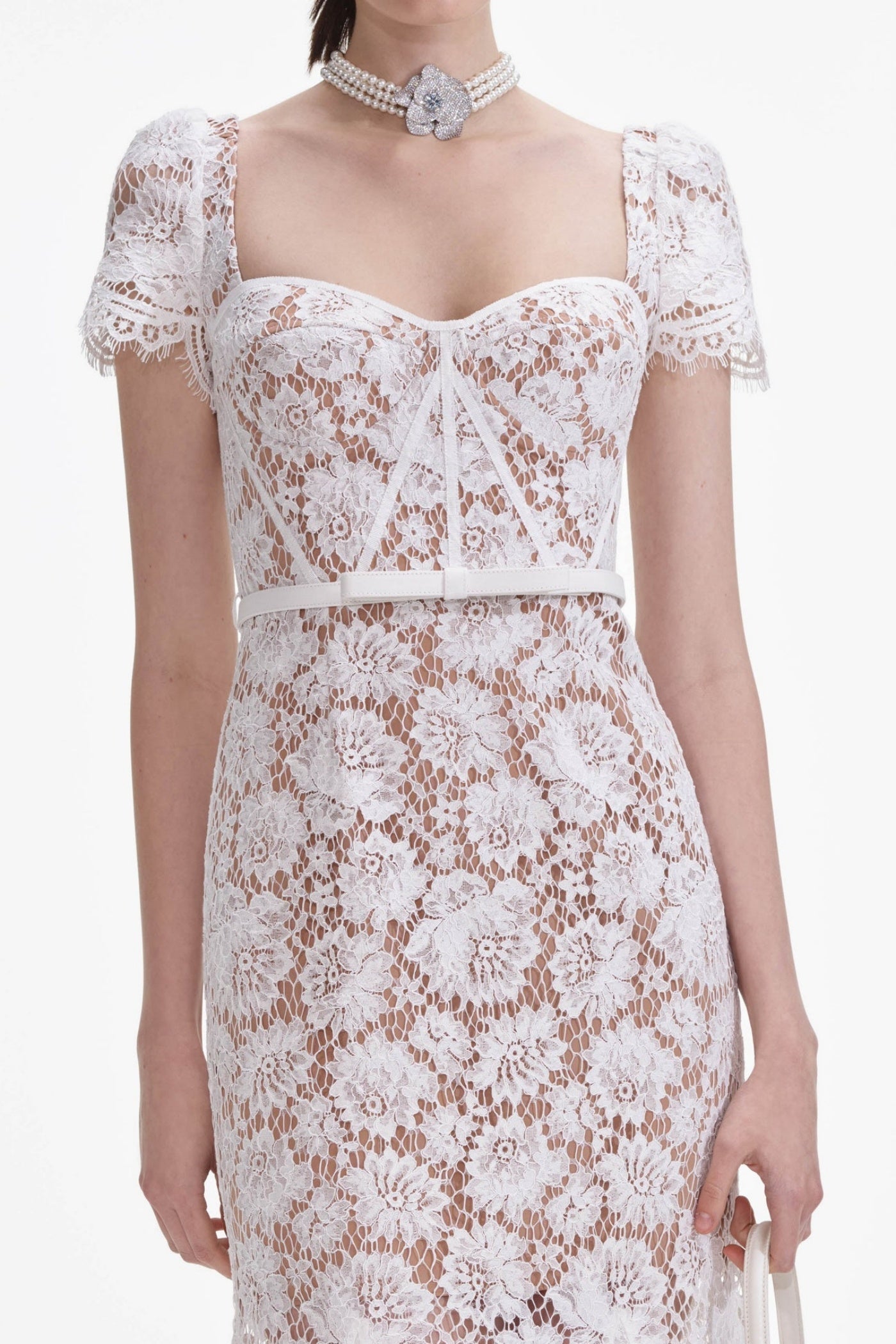 Josef Lace Bow Belted Midi Dress - White