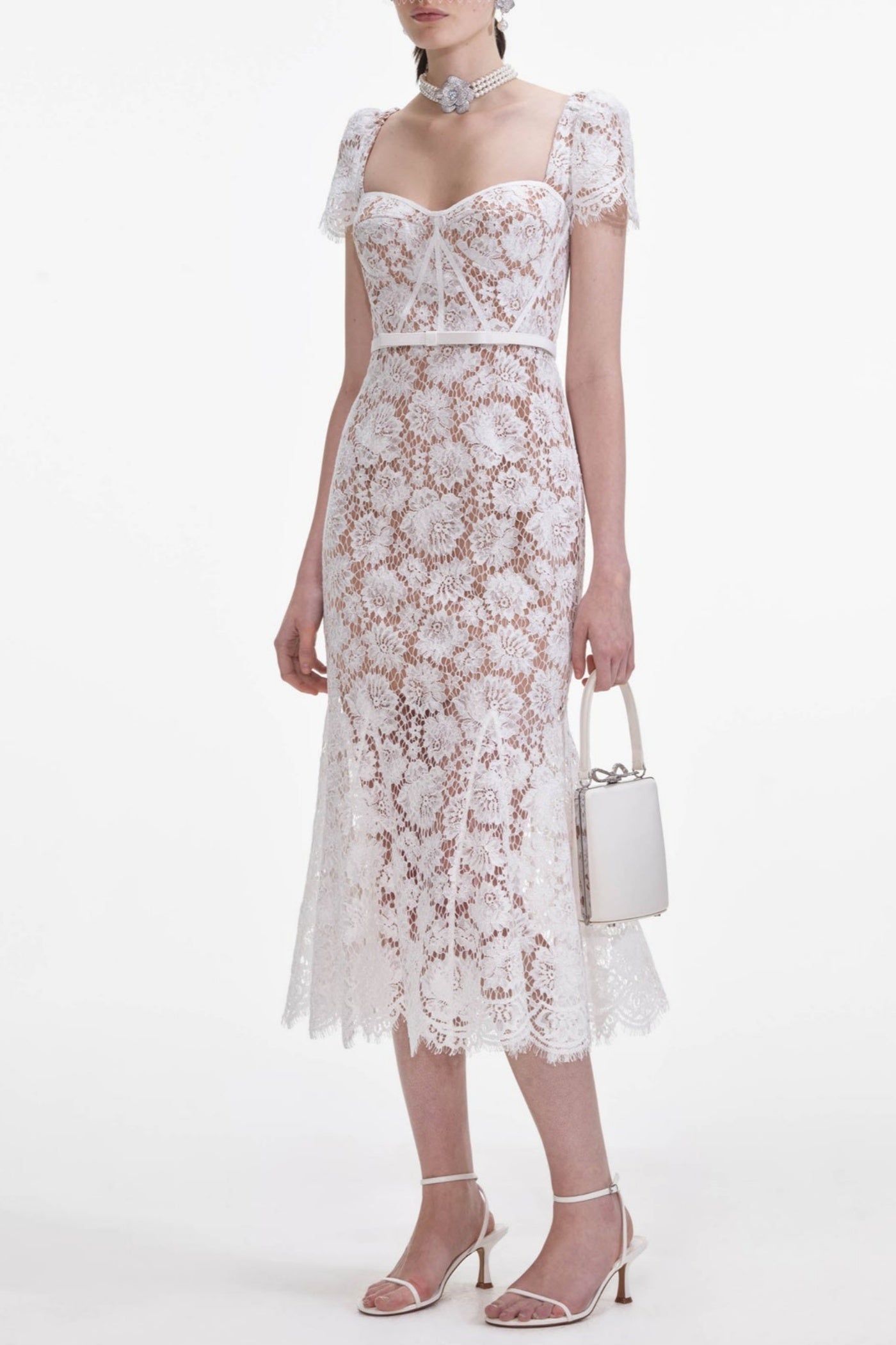 Josef Lace Bow Belted Midi Dress - White