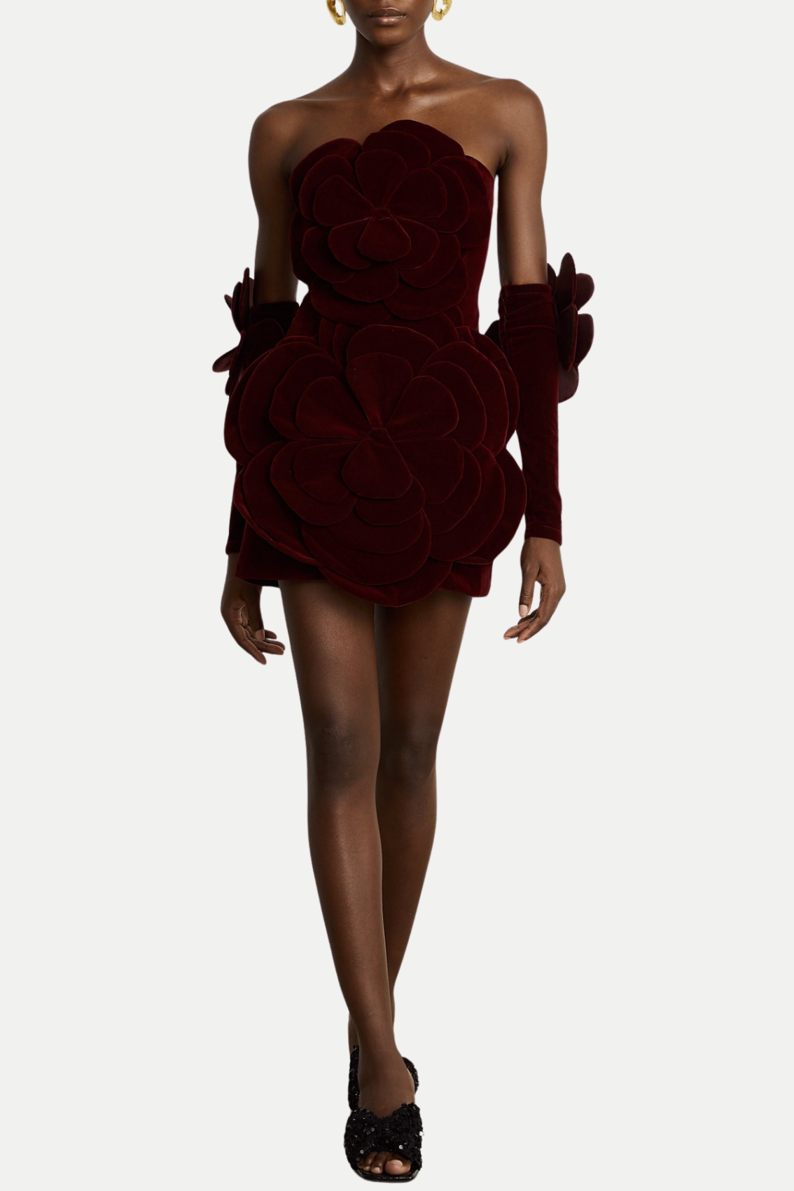 Kerio Floral Appliqué Velvet Mini Dress - Red
