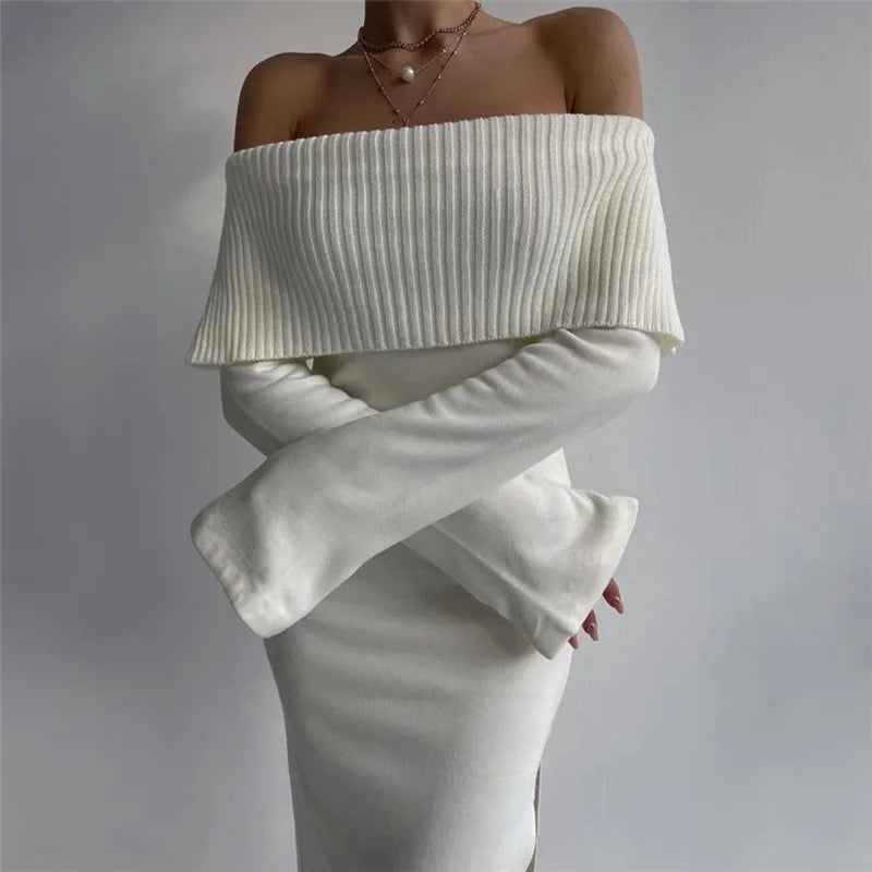 DressBetty - 2024 Off-Shoulder Lapel Neck Sexy Long Sleeve Maxi Dress