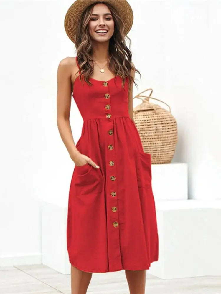 Suspender Button Backless V-Neck Midi Dress