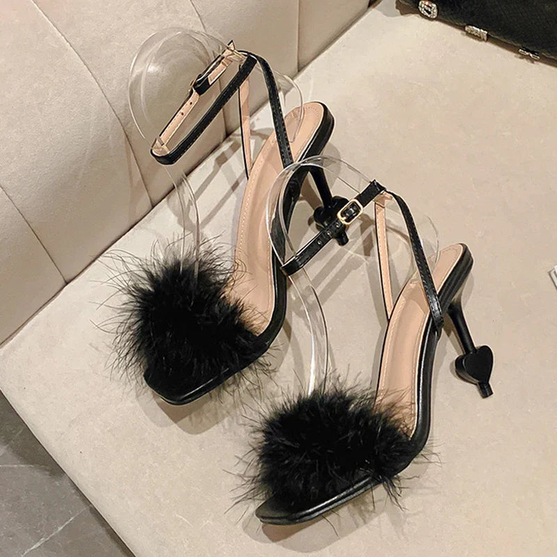 Trendy Big Size Ankle Strap Strange High Heel Fluffy Feather High Heel
