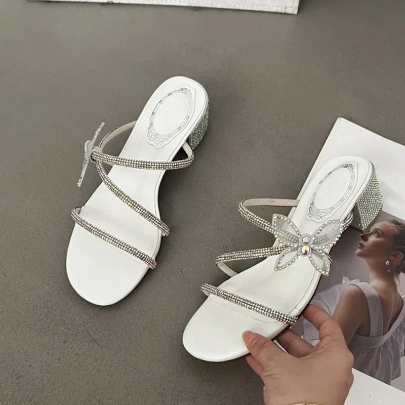 Stylish Glitter Rhinestones Bowknot Crystal Low Heels High Heel