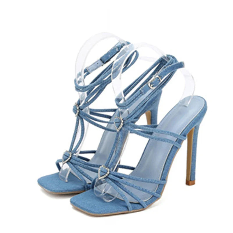 Fashionable Rhinestone Buckle Narrow Band Thin High Heel High Heel