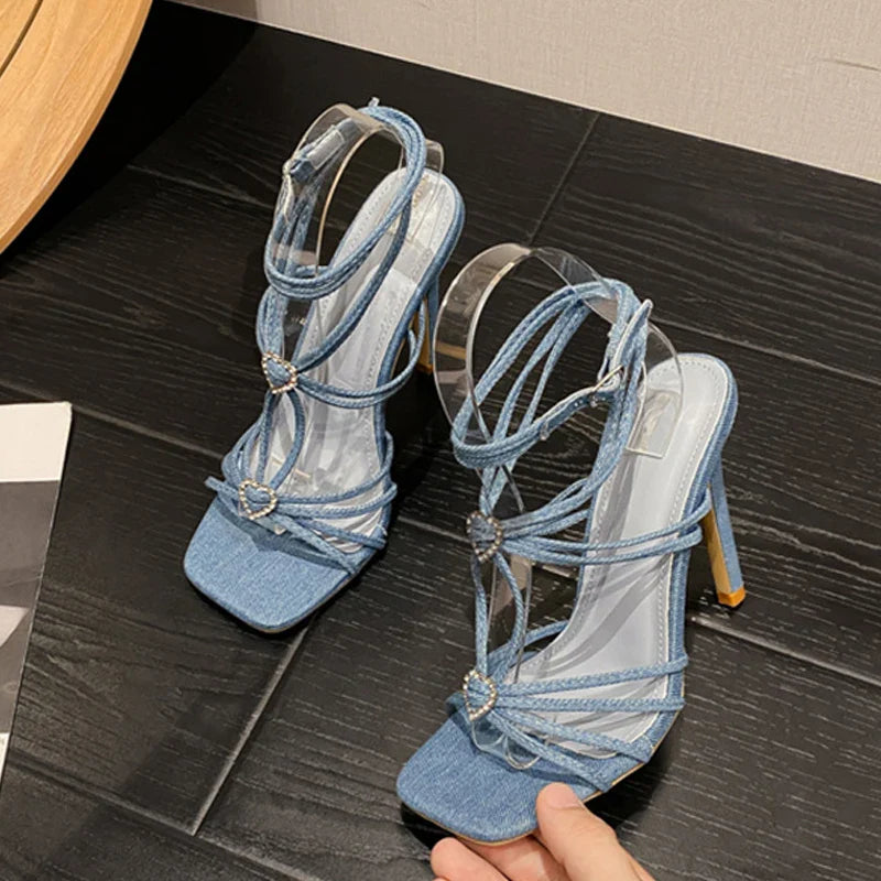 Fashionable Rhinestone Buckle Narrow Band Thin High Heel High Heel