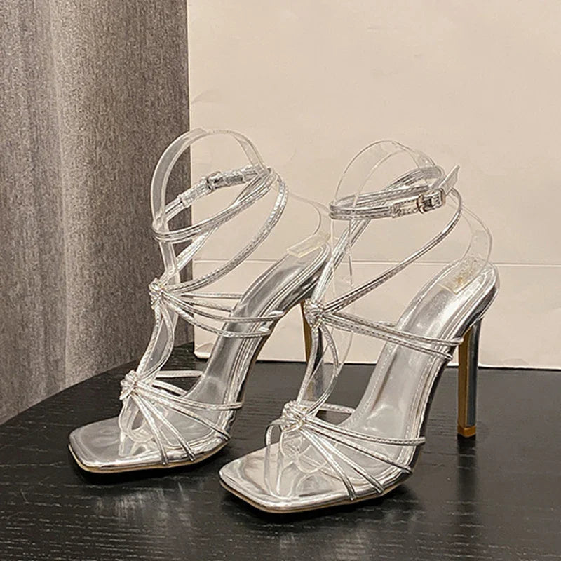 Fashionable Rhinestone Buckle Narrow Band Thin High Heel High Heel