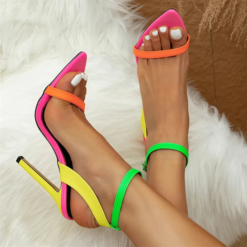 Vibrant Mixed Colors Sexy High Heel Cozy Leather Buckle Strap High Heel