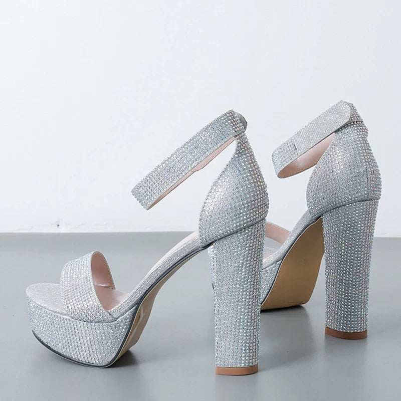 Stylish Silver Rhinestone Platform Open Toe High Heel High Heel