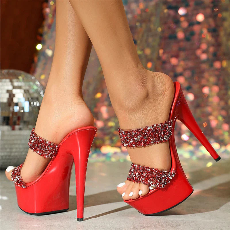 Glamorous Runway Style Super High Heel Silver Sequined Summer Party High Heel