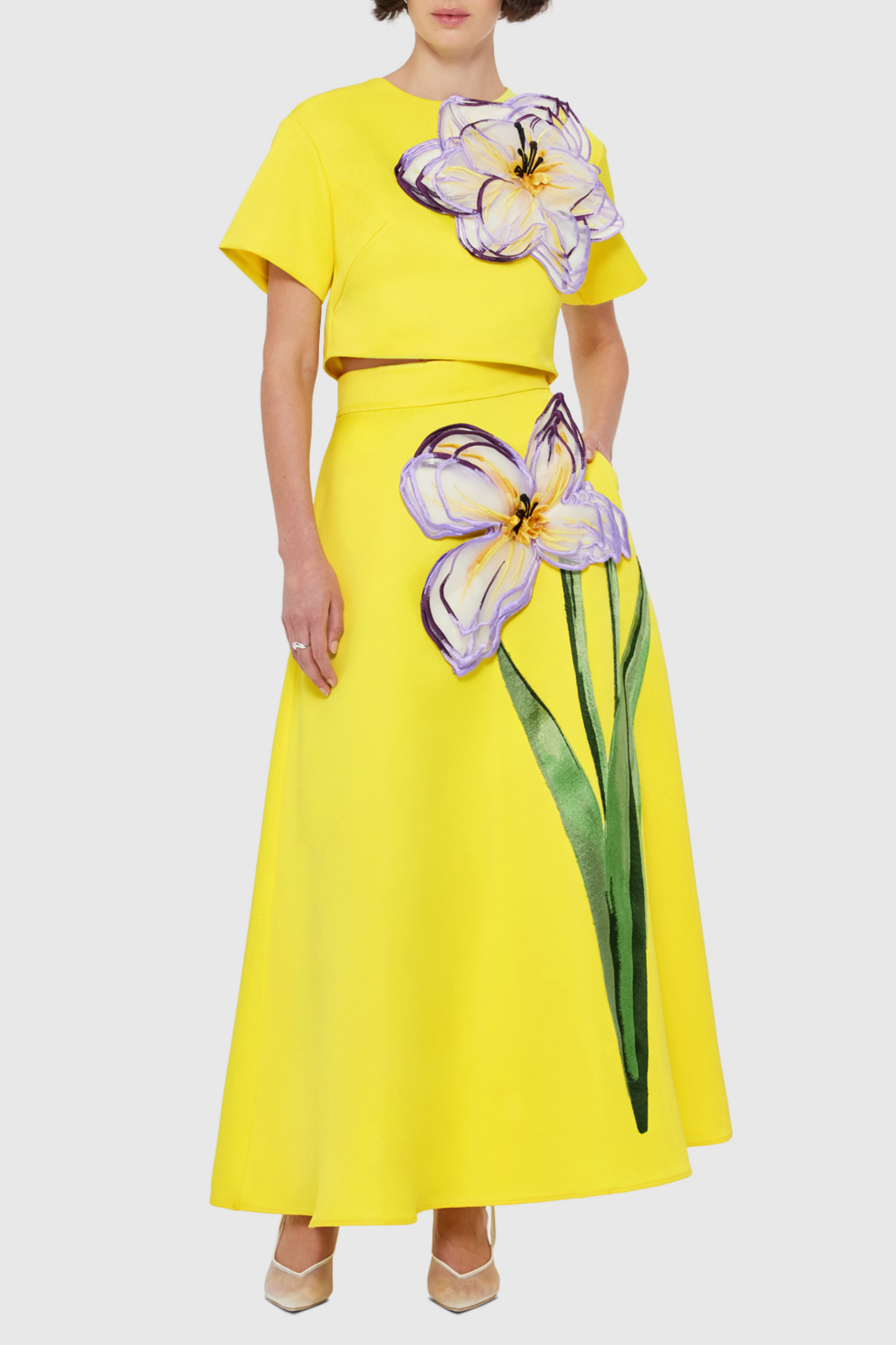 Mimoza Floral Appliqué Two Piece Set - Yellow
