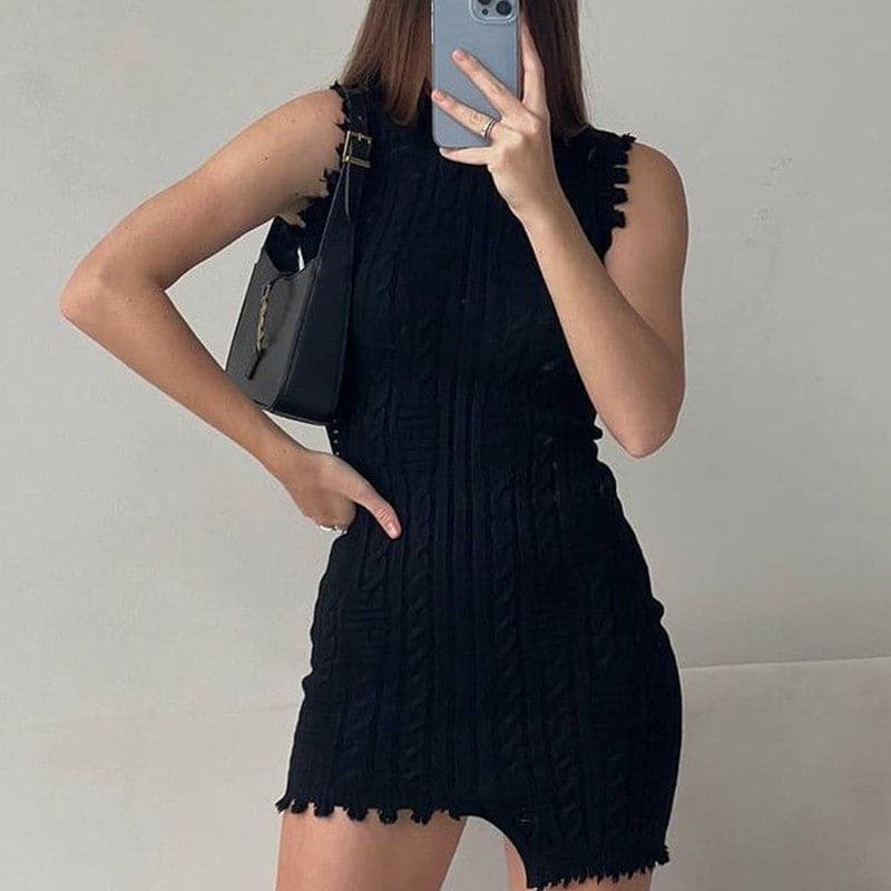 DressBetty - Mini Dress Women Elegant Solid Black Knit Bodycon Dresses