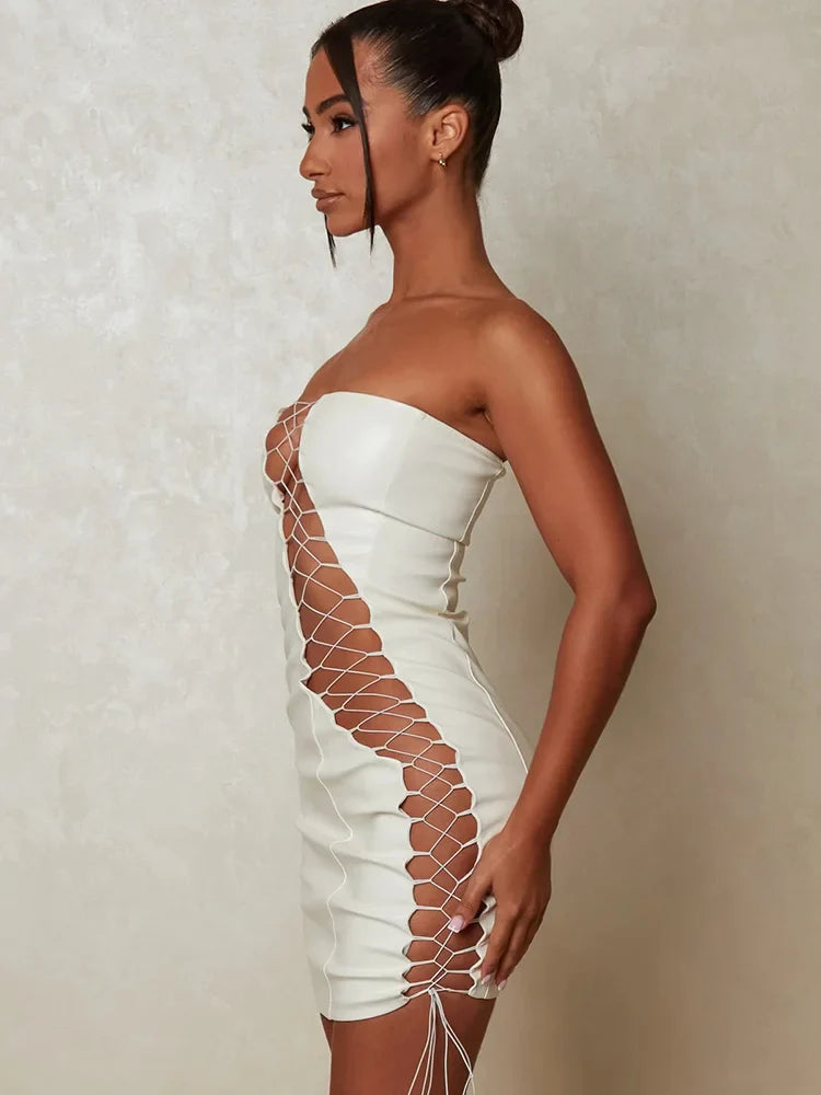 DressBetty - 2024 PU Leather Strapless Sleeveless Mini Dress Cut Out Dresses