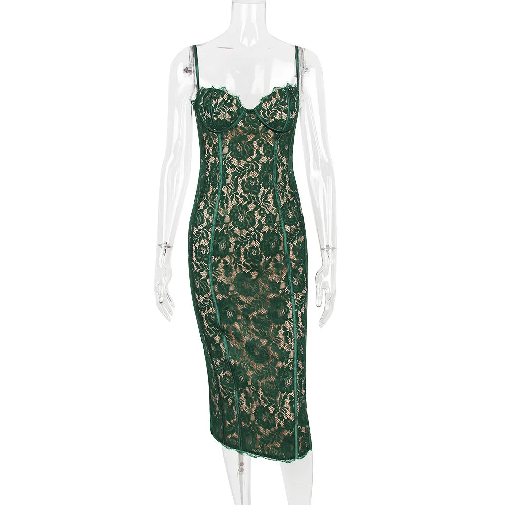 DressBetty - 2024 Spaghetti Strap Lace Sexy Green Floral Dress