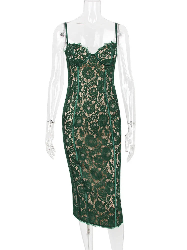 DressBetty - 2024 Spaghetti Strap Lace Sexy Green Floral Dress