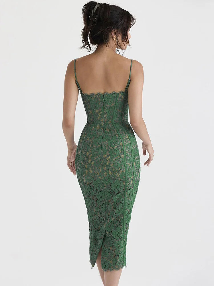 DressBetty - 2024 Spaghetti Strap Lace Sexy Green Floral Dress
