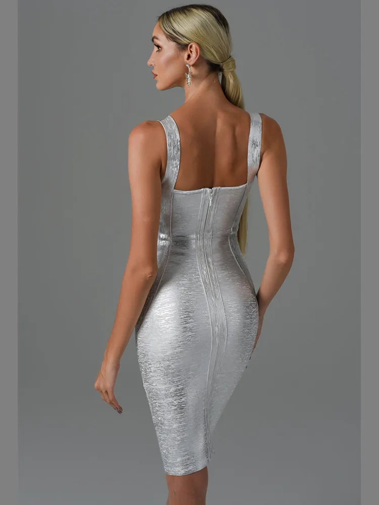 DressBetty - 2024 Summer Sexy Sleeveless Backless Gold Bronzing Midi Bodycon Dress