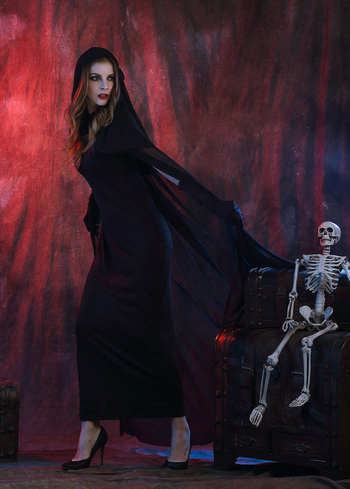 Gothic Witch Costume - Long Black Hooded Dress with Sheer Cape