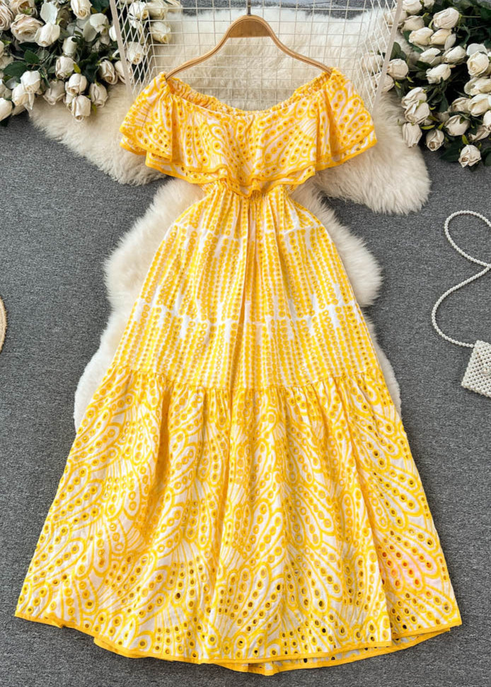 Soleia Ruffle Off-Shoulder Dress – EmbroideRed Boho Midi