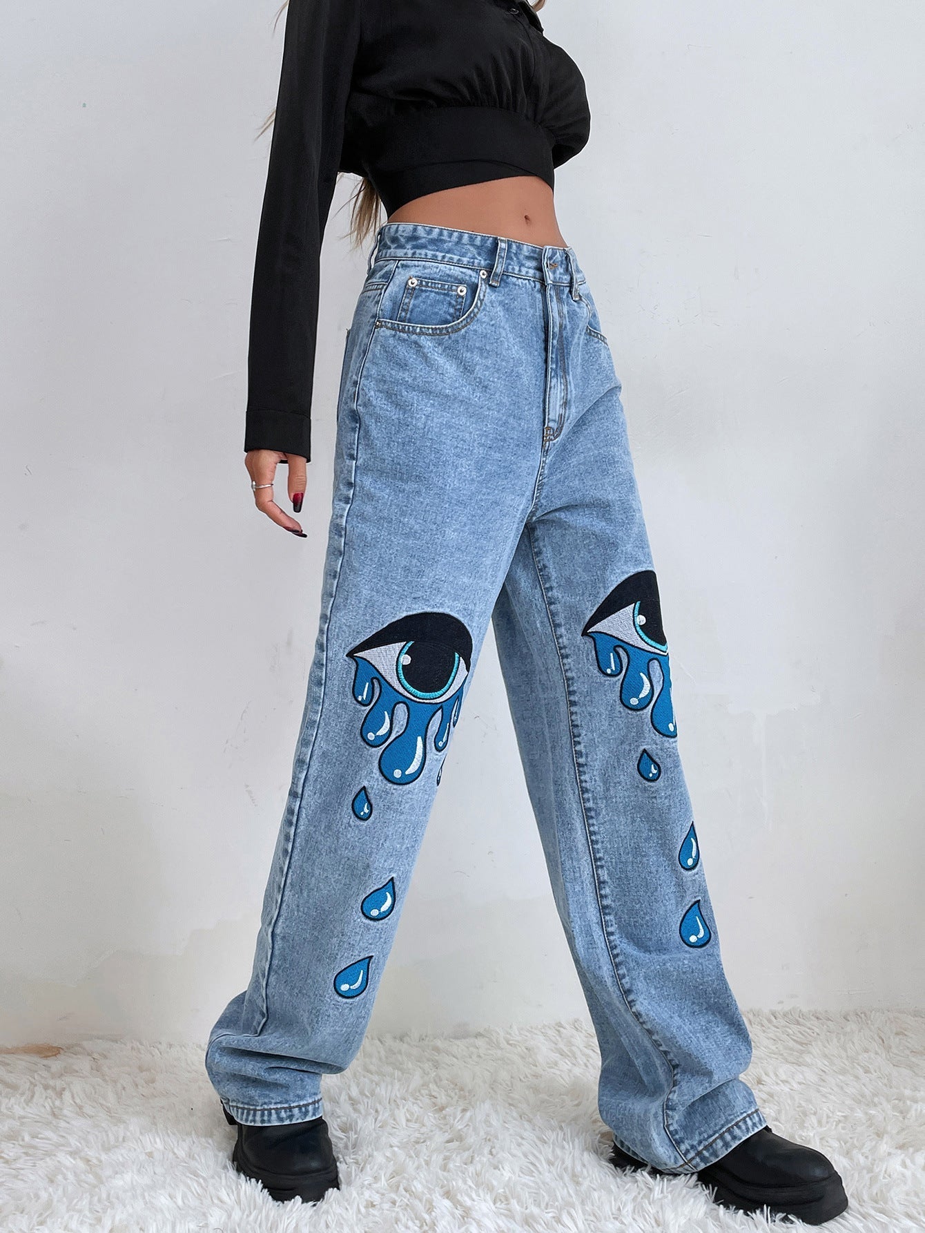 DressBetty - Babes Personality Print Straight Jeans