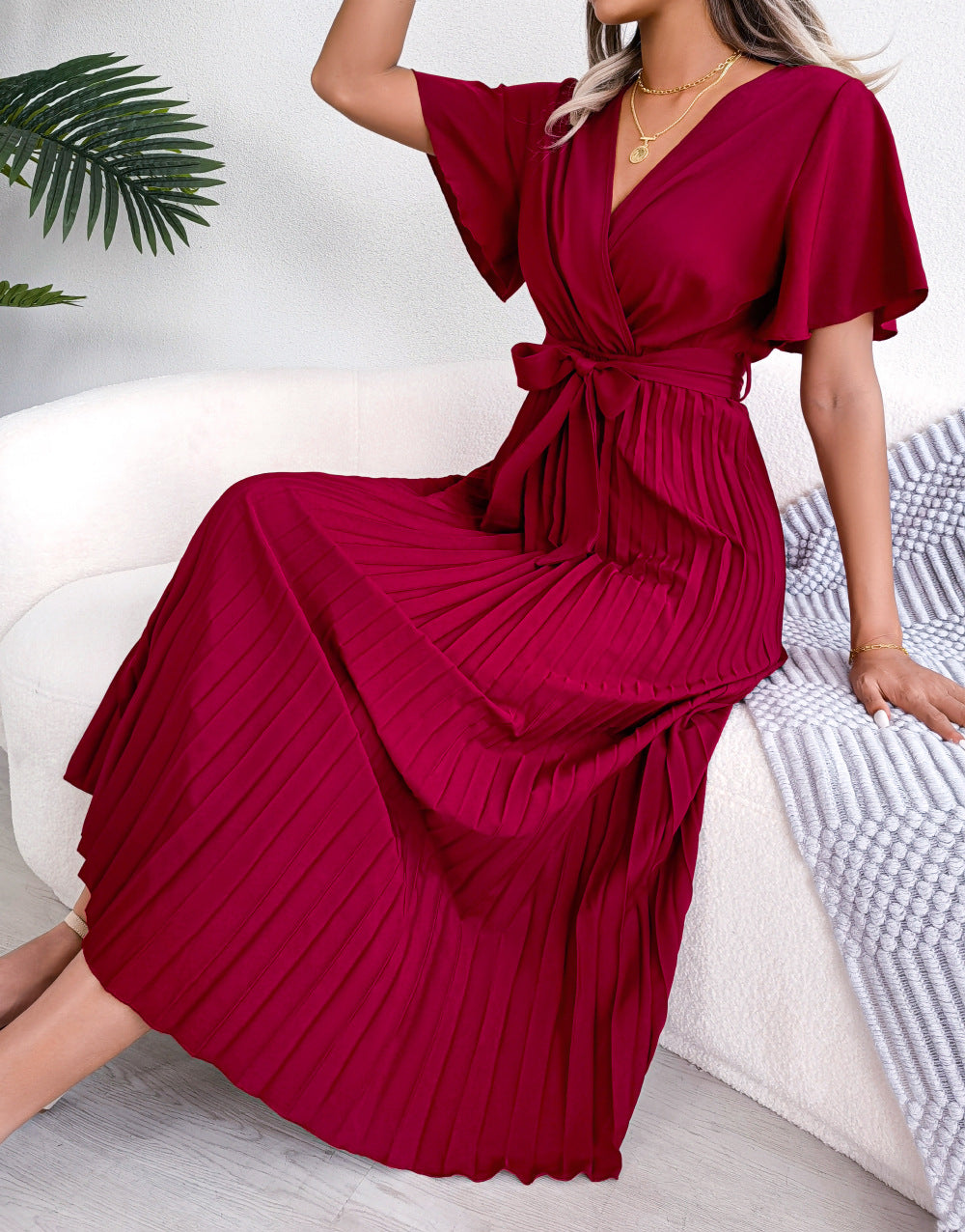 DressBetty - Cross V-Neck Pleated Dress