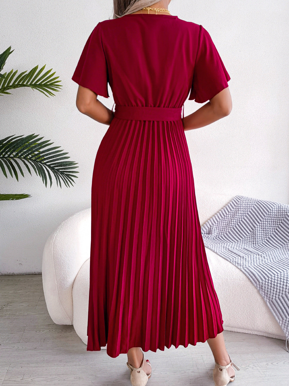 DressBetty - Cross V-Neck Pleated Dress