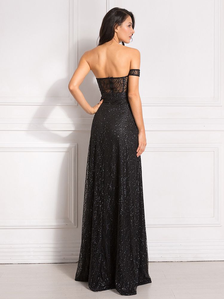 DressBetty - Bling Bling Glitters Floor Length Split Party Dress Backless Long Black Dress