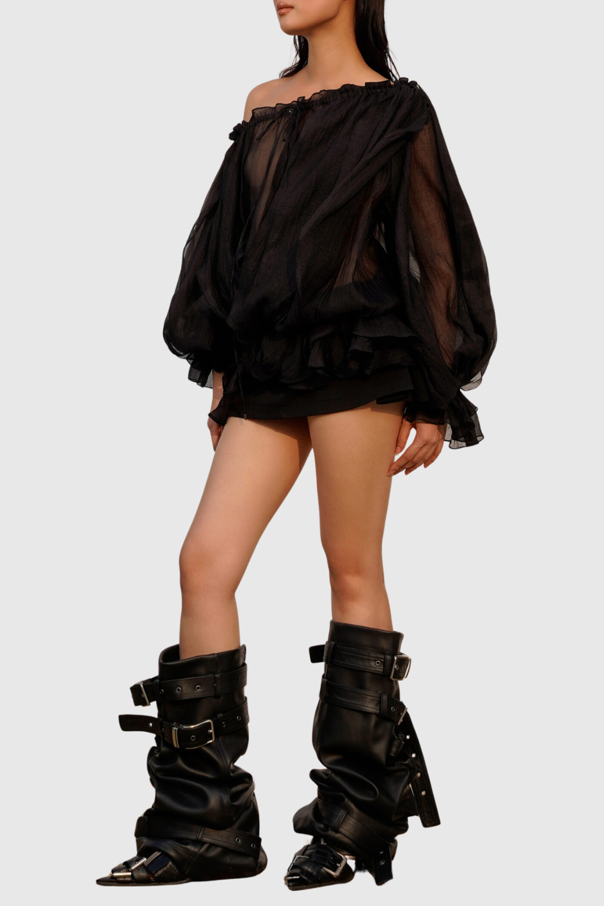 Pineda Off Shoulder Ruched Ruffle Blouse - Black