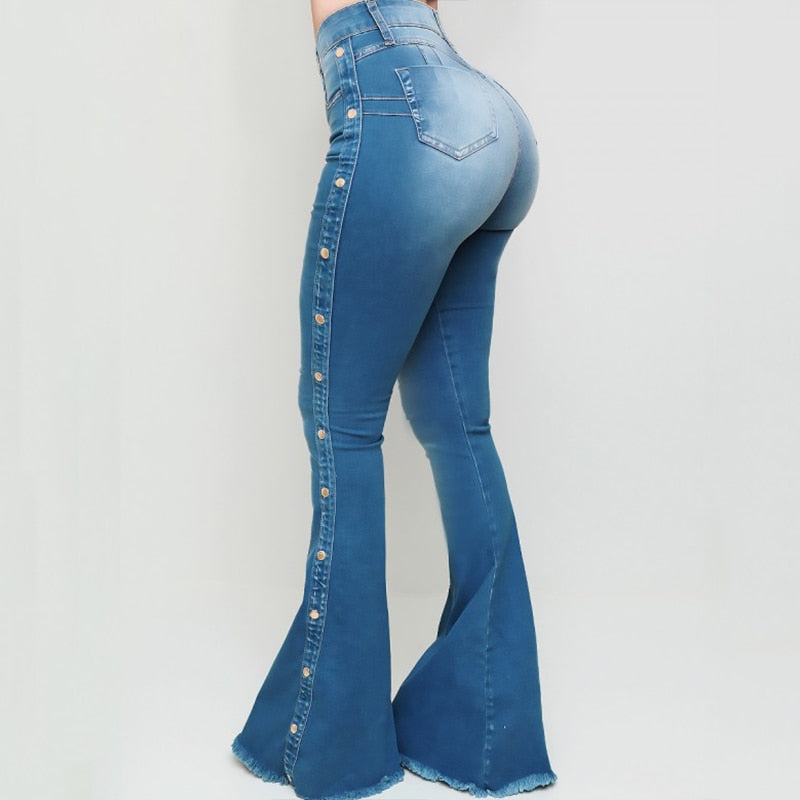 DressBetty - Blue Washed Flare Denim Mom Jeans Skinny Side Stripe High Waisted Sequined Pant