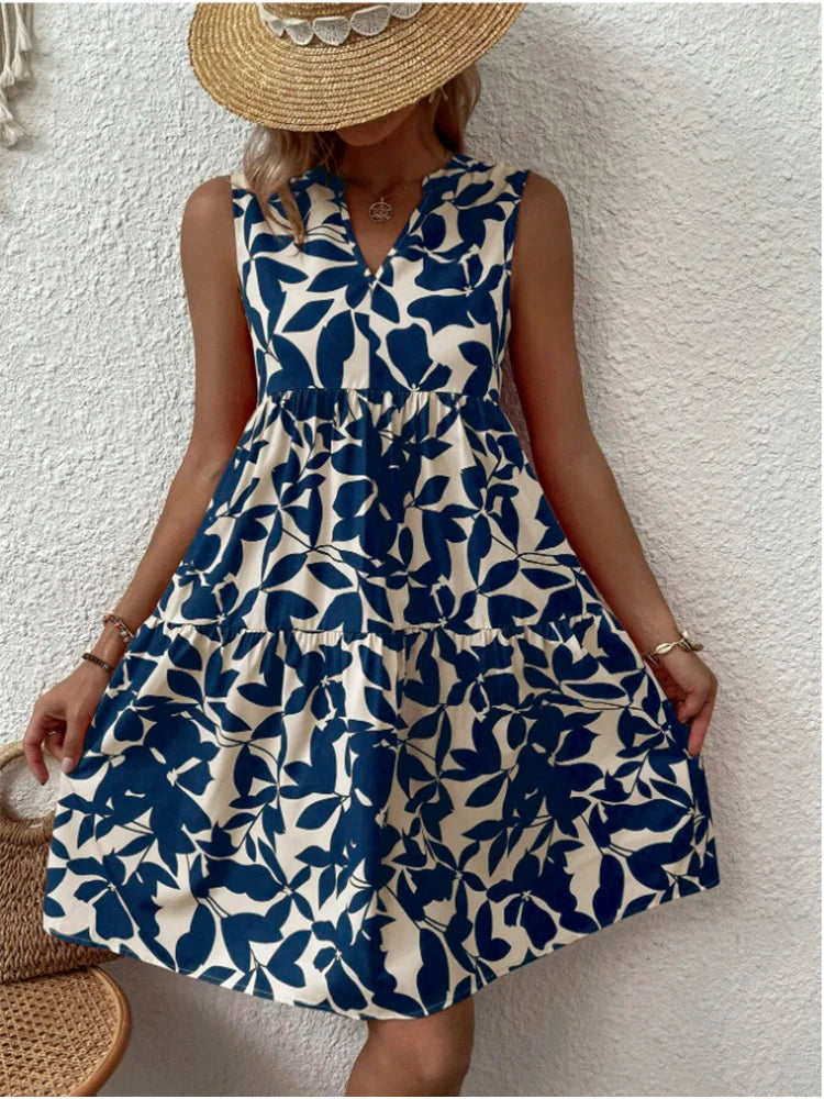 Print Women V Neck Chic Elegant Woman Beach Knee-length Midi Dresses