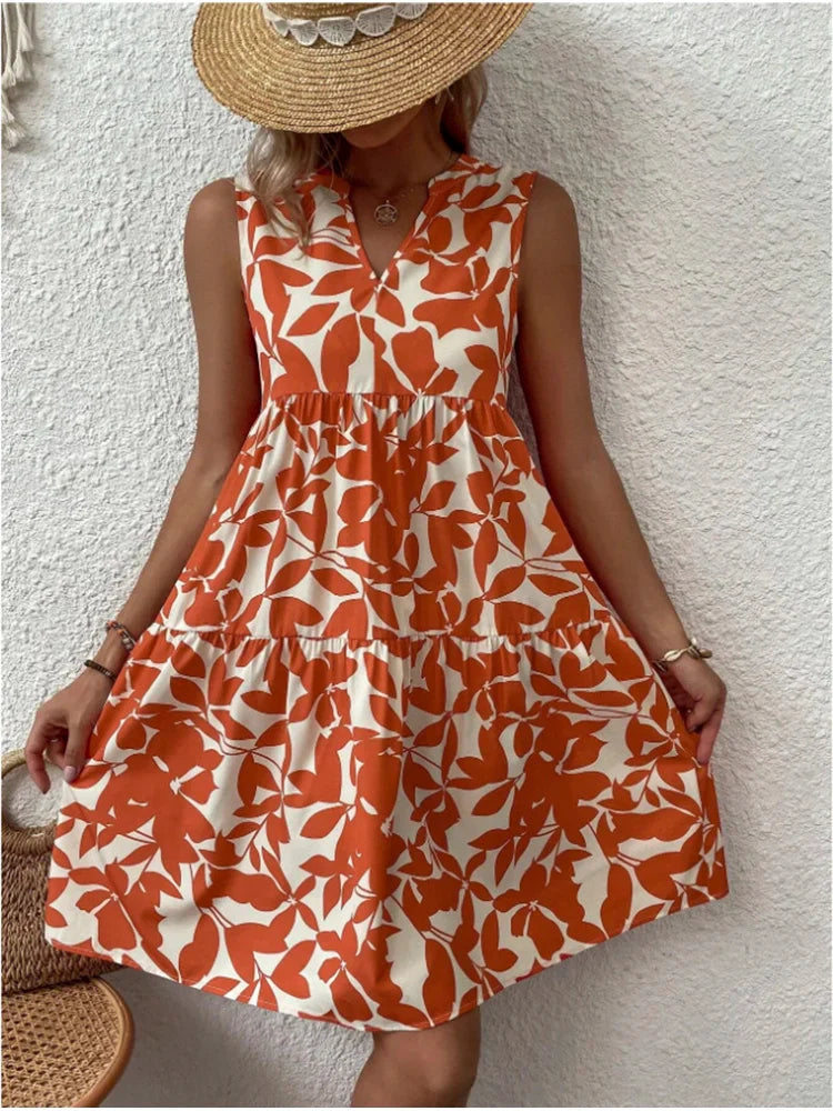 Print Women V Neck Chic Elegant Woman Beach Knee-length Midi Dresses