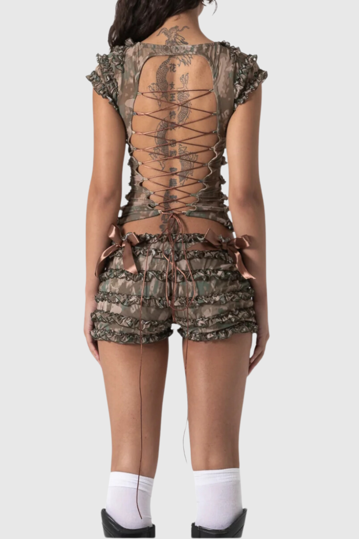 Raven Ruffle Backless Lace Up Set - Green