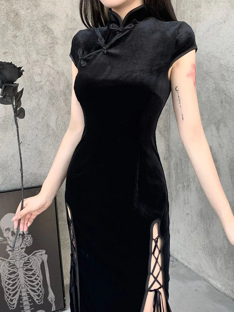Romantic Gothic Velvet Aesthetic Dresses Vintage Women Black Bandage SlitHem Bodycon Dress Sexy Evening Wear Cheongsam