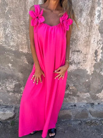 Loose Sleeveless Solid Maxi Floral Dress