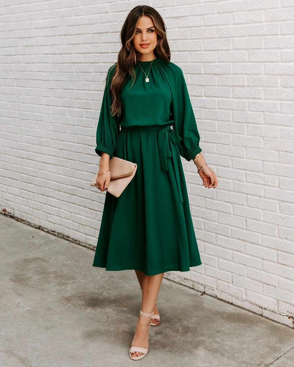 DressBetty - Elegant Office Dress Formal Loose Green Long Sleeve Belt A-Line Midi Dresses